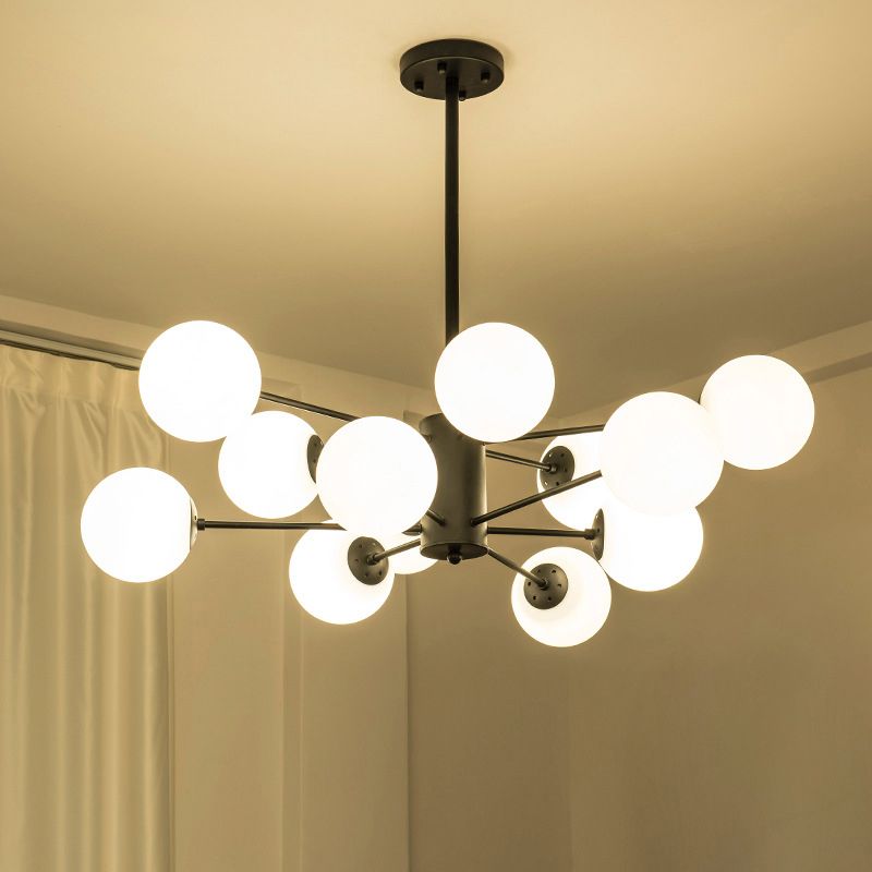 Radial Living Room Hanging Chandelier Metal 12 Bulbs Simple Drop Pendant with Orb Opal Glass Shade in Black