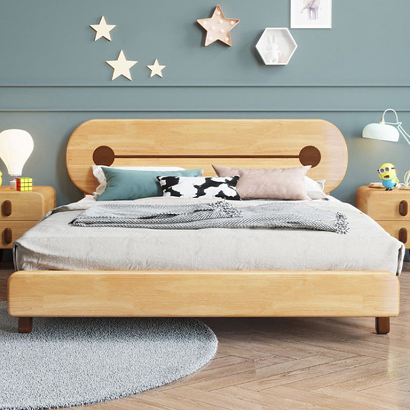 Natural Solid Wood Platform Bed Rubberwood Kids Bed with Headboard