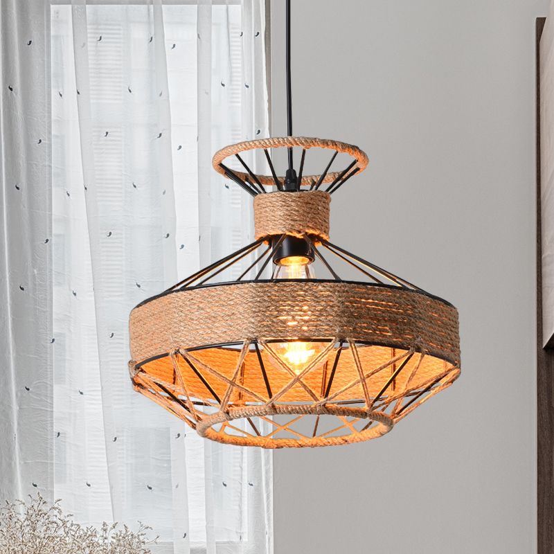 Beige 1-Light Suspension Lamp Traditional Rope Grenade Cage Hanging Ceiling Lighting for Dining Hall