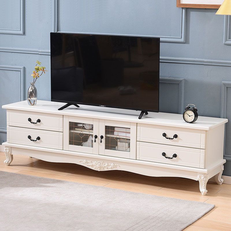 Traditional Solid Wood TV Cabinet Living Room Luxury TV Stand with Glass Doors