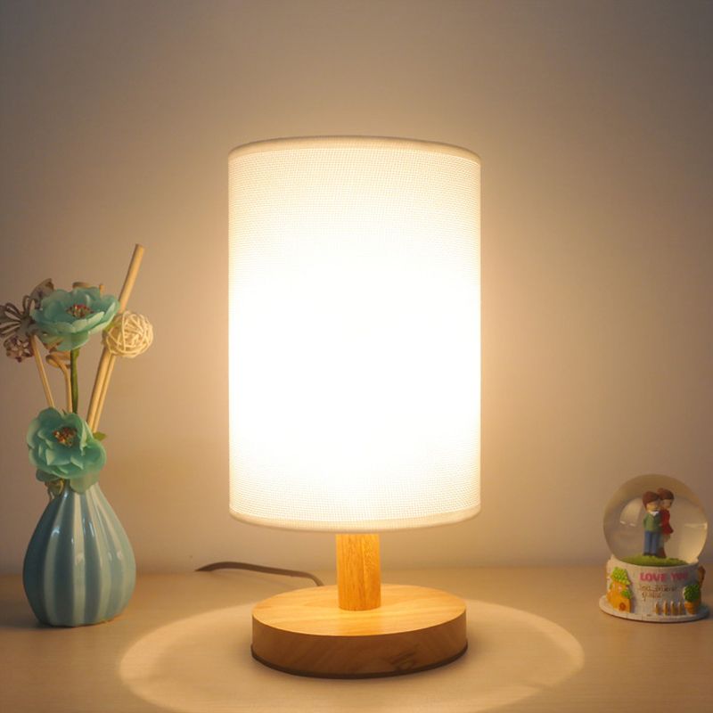 Fabric Cylinder Task Lighting Japanese 1 Bulb Reading Lamp in White/Flaxen with Wood Base