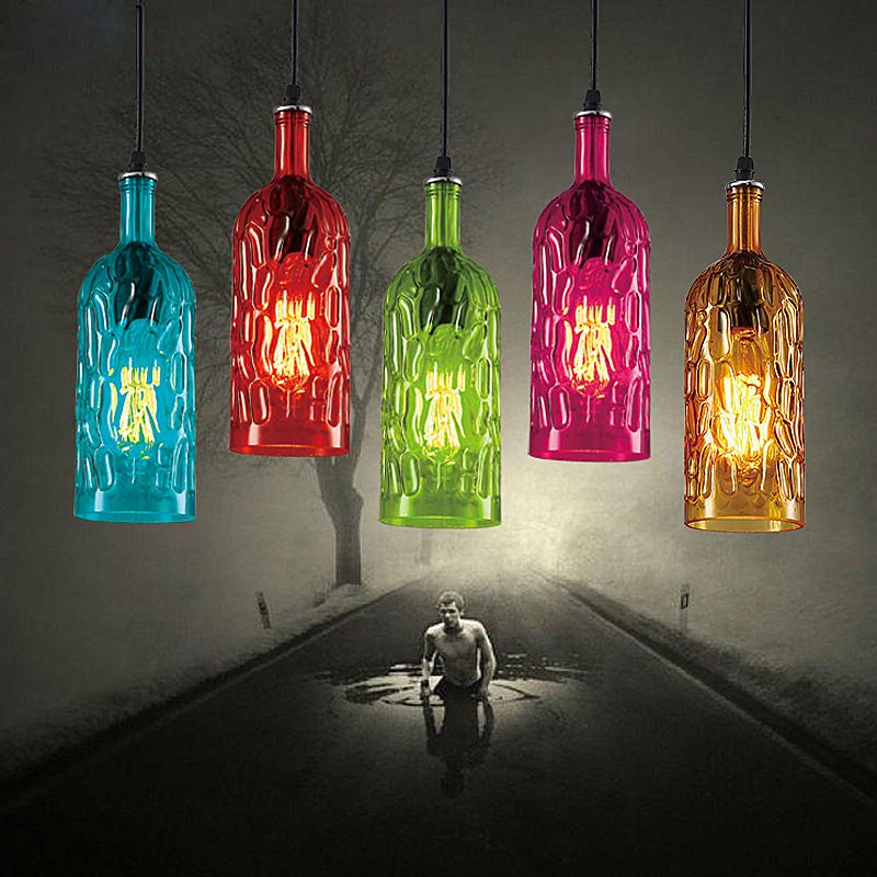 Vintage  Art Deco Wine Bottle Hanging Lamp Wavy Glass 1 Light  Restaurant  Down Lighting Pendant for Bar