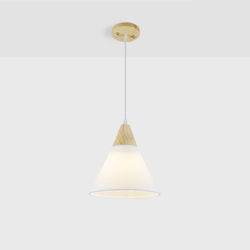 Tapered Suspension Light Simplicity Fabric 1-Light Dining Room Pendant Light Fixture with Wooden Top in White