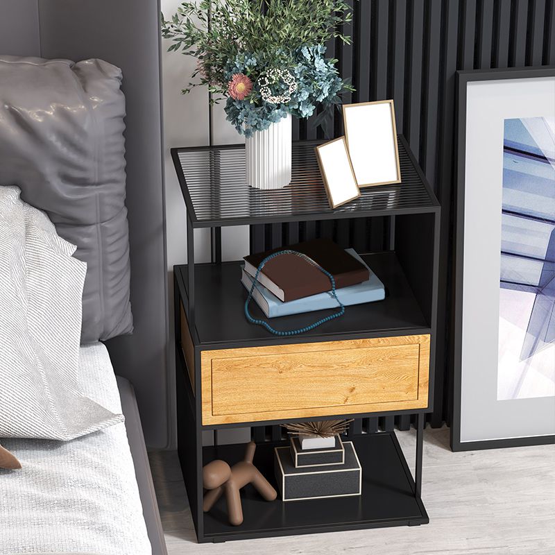 Modern Glass Top Night Table Open Storage 24 Inch Tall 1-Drawer Shelf Included Nightstand