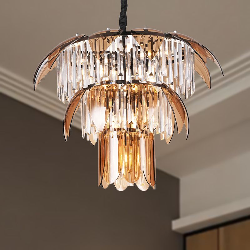 3 Layers Chandelier Light Fixture Modernism Crystal Prism 10 Lights Living Room Ceiling Light