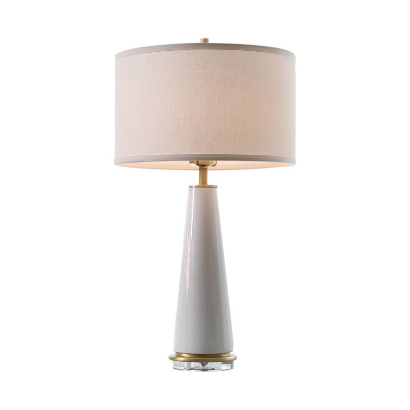 Fabric Drum Shade Nightstand Lamp Simplicity 1-Head Night Lighting in White with Ceramic Base