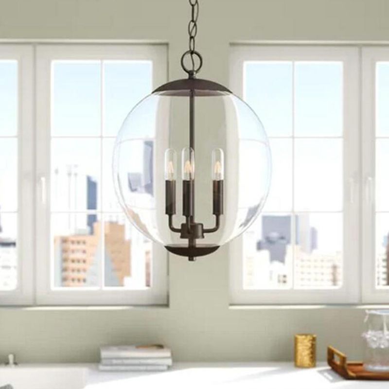 3-Light Pendant Light with Globe Shade Clear Glass Vintage Dining Room Chandelier in Black/Chrome/Gold