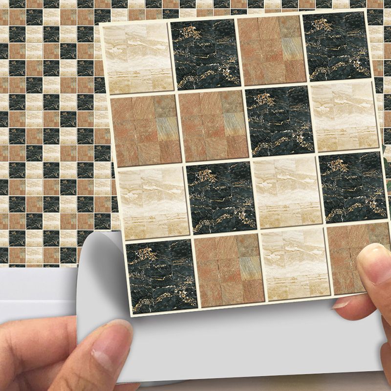 Marble Mosaic Tile Wallpaper Panel Set Modern Smooth Self Sticking Wall Decor in Black-Brown