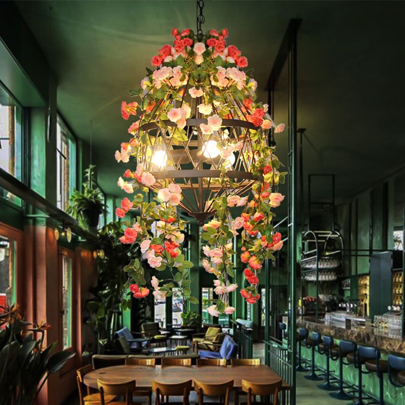 Trellis Cage Iron Hanging Kronleuchter Farm 3/4 Lichter Restaurant Blumenaufhängung Lampe in Schwarz