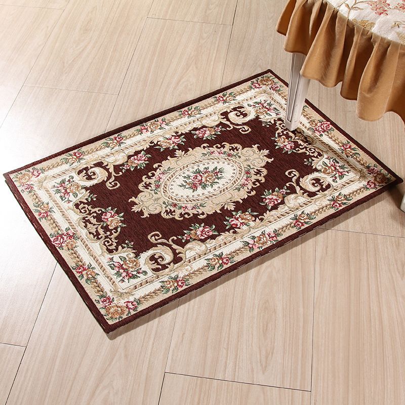 Multi-Colored Door Rug Traditional Peonies Area Carpet Polyester Stain Resistant Anti-Slip Backing Washable Rug