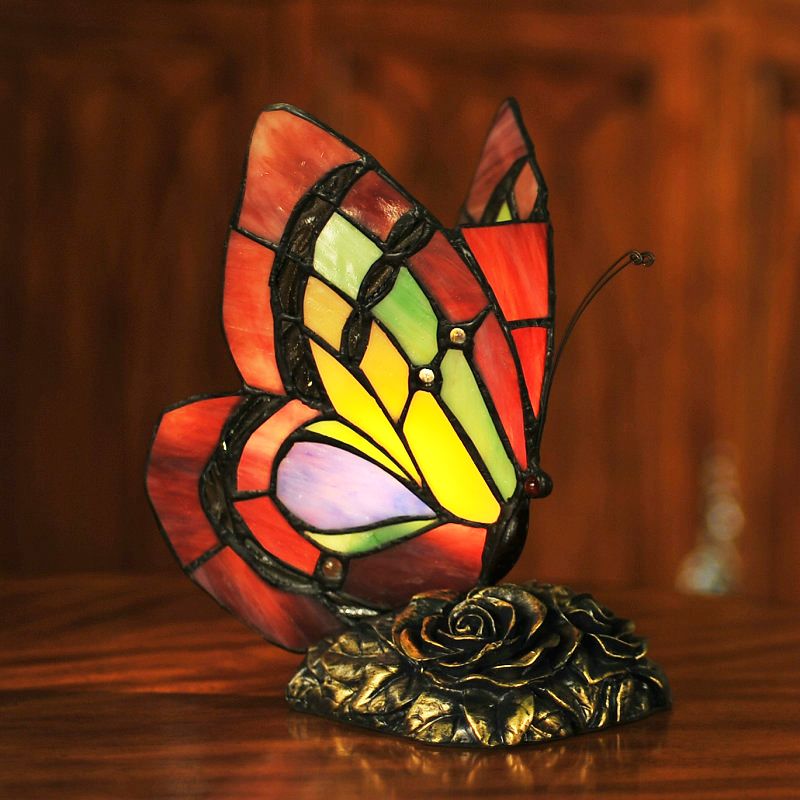 Handcrafted Art Glass Butterfly Table Lamp Tiffany-Style Night Table Lamp