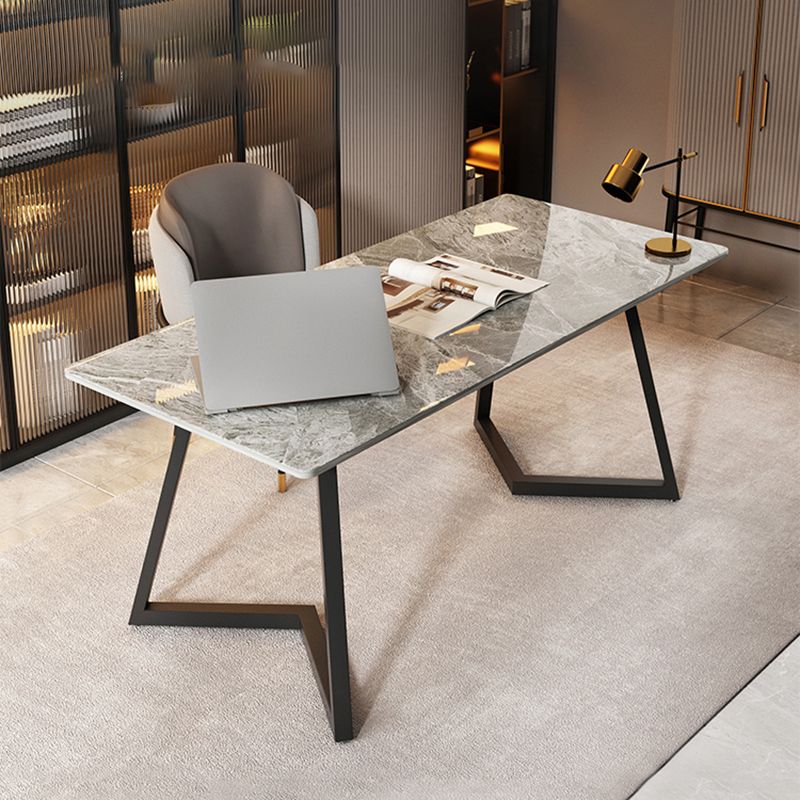 Contemporary Style Sintered Stone Desk Metal Sled Base Office Desk