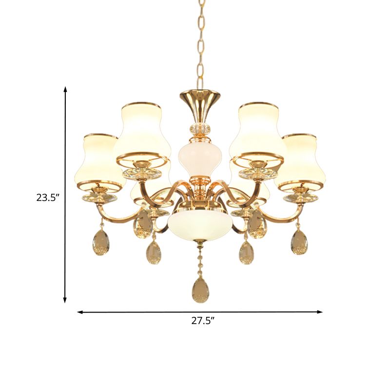 Champagne Bell Hanging Chandelier Simple Opal Glass 6-Light Bedroom Crystal Ceiling Light