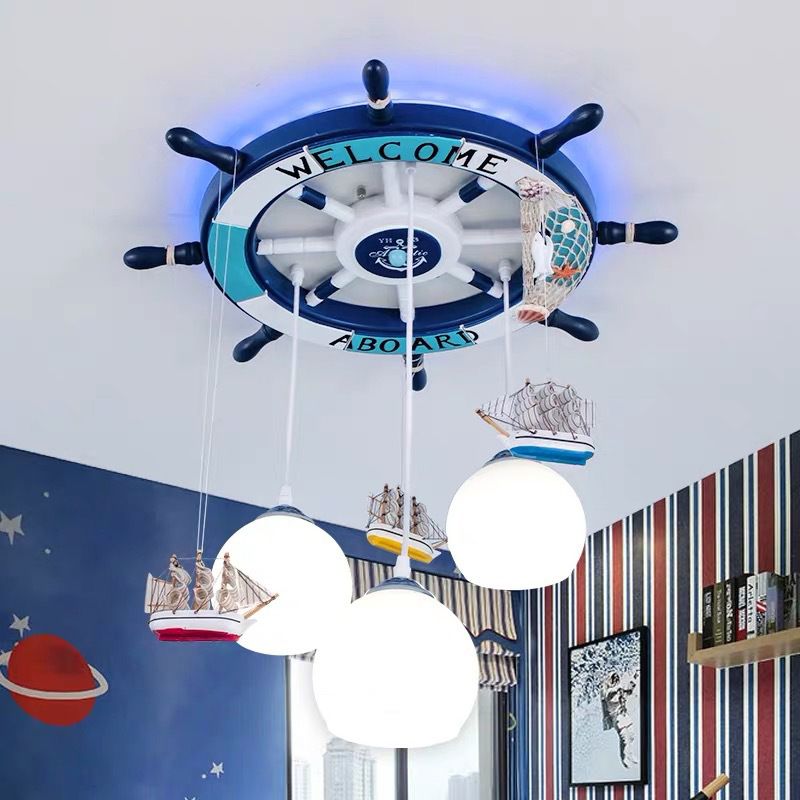 Cream Glass Rudder Cluster Pendant Kids 3-Bulb Light/Dark Blue Hanging Ceiling Light for Living Room