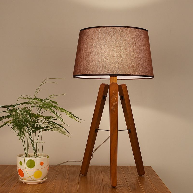 Fabric Tapered Desk Light Modernist 1 Bulb Night Table Lamp in Brown/Beige with Wood Tripod