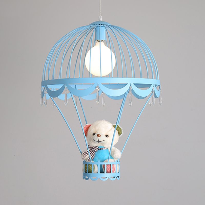 Hot Air Balloon Bedside Ceiling Light Metal Single Cartoon Hanging Lamp with Bear and Crystal Accent