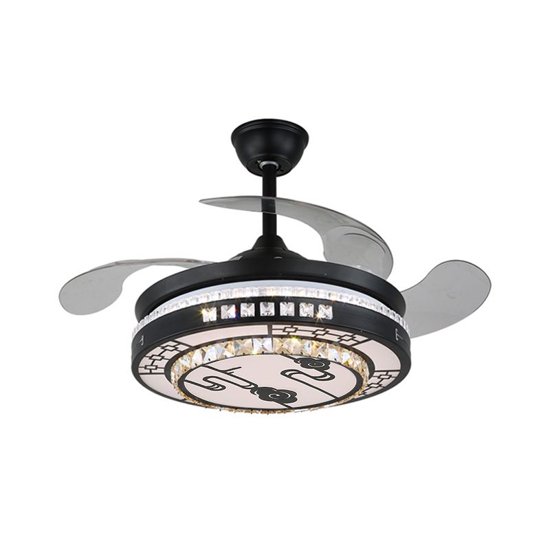 4 Blades LED Round Semi Flush Modern Black Finish Clear Square Crystals Hangende ventilatorlicht, met Chinese knoop/bloem/half cirkelvormig patroon, 19 breed