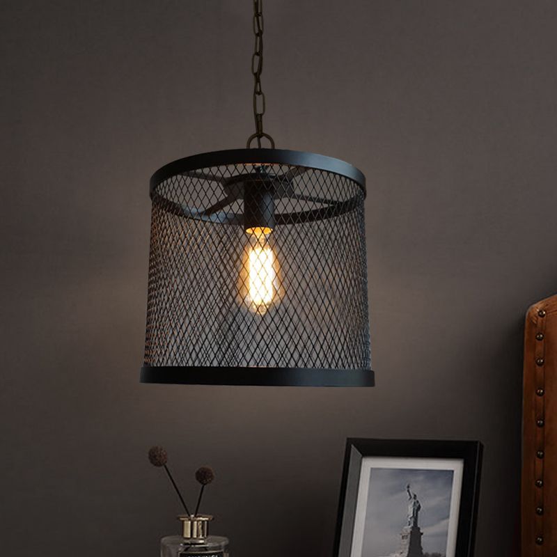 Drum Mesh Metal Pendant Light Industrial Single Light Dining Room Hanging Lamp in Black