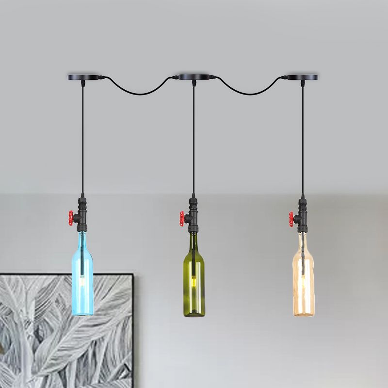 Black Finish 3/5/7 Bulbs Multi Ceiling Light Industrial Colored Glass Bottle LED Tandem Pendulum Lamp