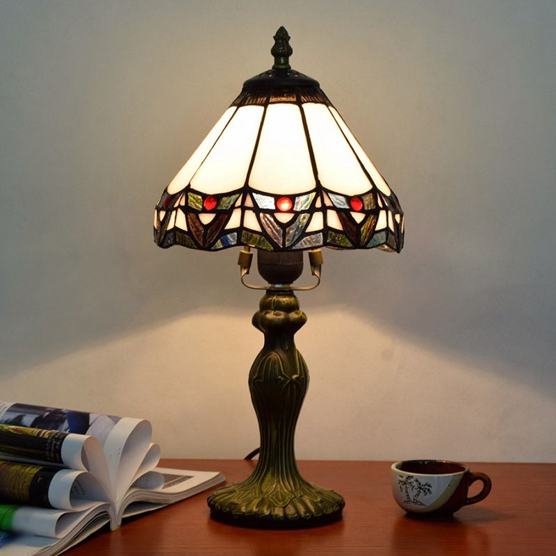 Stained Glass White Table Lamp Conical Shade 1 Head Antique Nightstand Lighting for Bedroom