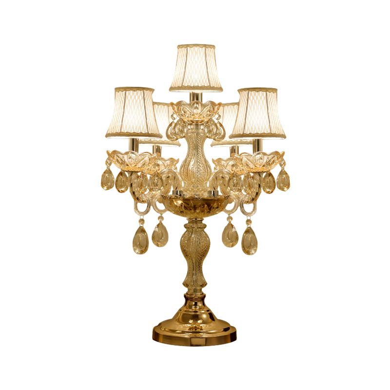 Gold 5/6/7 Bulbs Night Stand Lamp Traditional Clear Crystal Candlestick Table Light with White Bell Fabric Shade