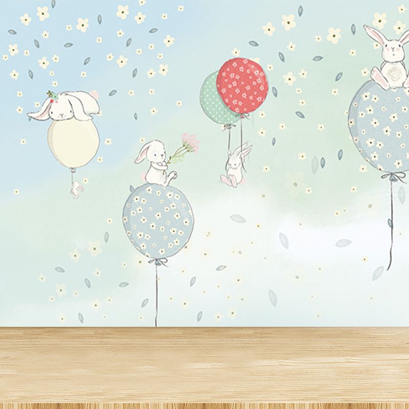 Full Size Rabbit Mural Wallpaper Waterproofing Cartoon Nursery Wall Art in Light Blue
