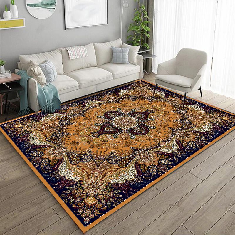 Red Tone Distressed Area Rug Polyester Moroccan Pattern Rug Non-Slip Backing Indoor Rug for Living Room