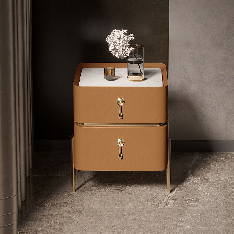 Leather Nightstand with 4 Legs Glam Night Table with Drawers