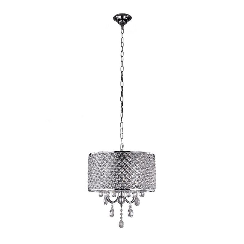 Chrome Finish Candle Chandelier Modern 4-Light Metal Pendant Light with Drum Crystal Shade