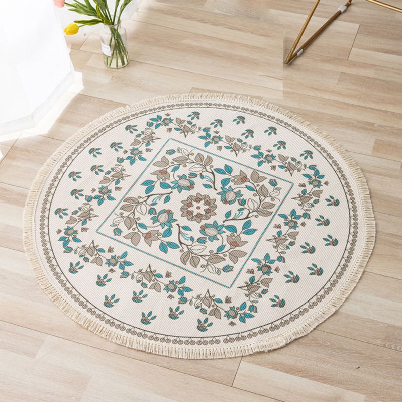 Gorgeous Floral Print Rug Moroccan Round Cotton Blend Area Rug Friendly Washable Carpet with Fringe for Living Room