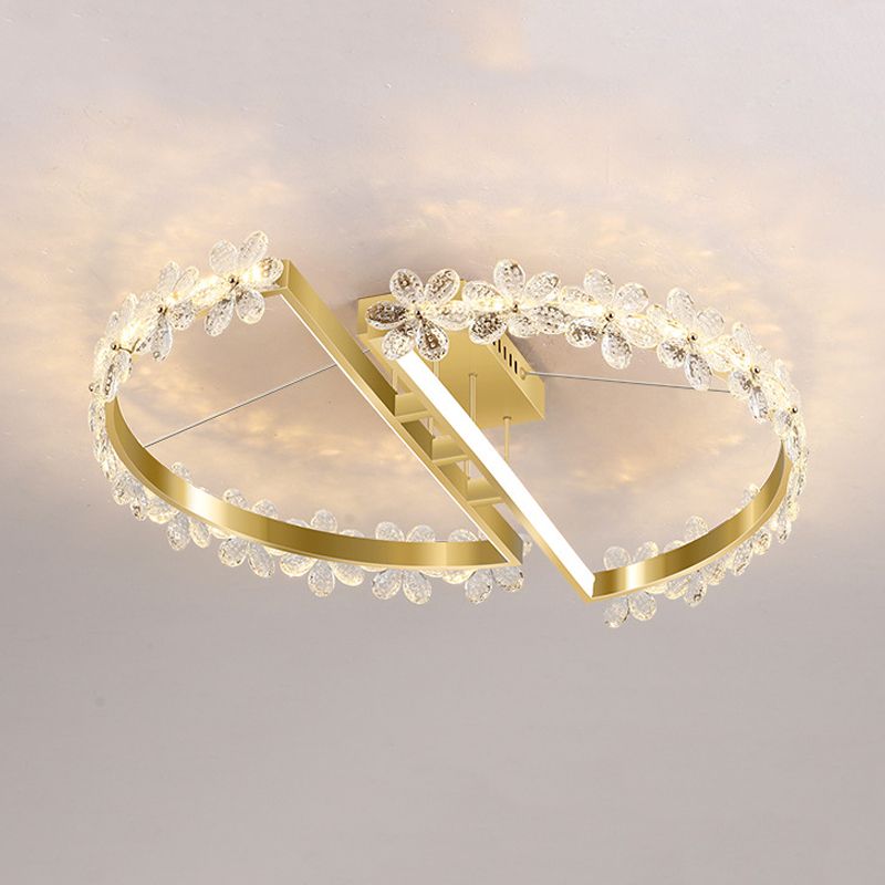 2-Light Golden Flush Mount Lighting Circle Metal LED Ceiling Light with Crystal