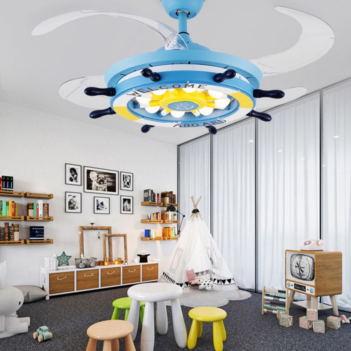 Control remoto Rudder Semi Flush Monte Mediterráneo Metal para niños Dormitorio Led Ventilador Luz