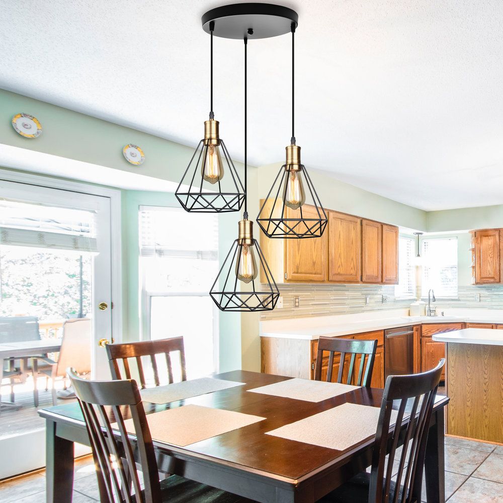 3 Heads Hanging Lamp Farmhouse Teardrop Cage Shade Metal Suspended Lamp with Round/Linear Canopy in Brass