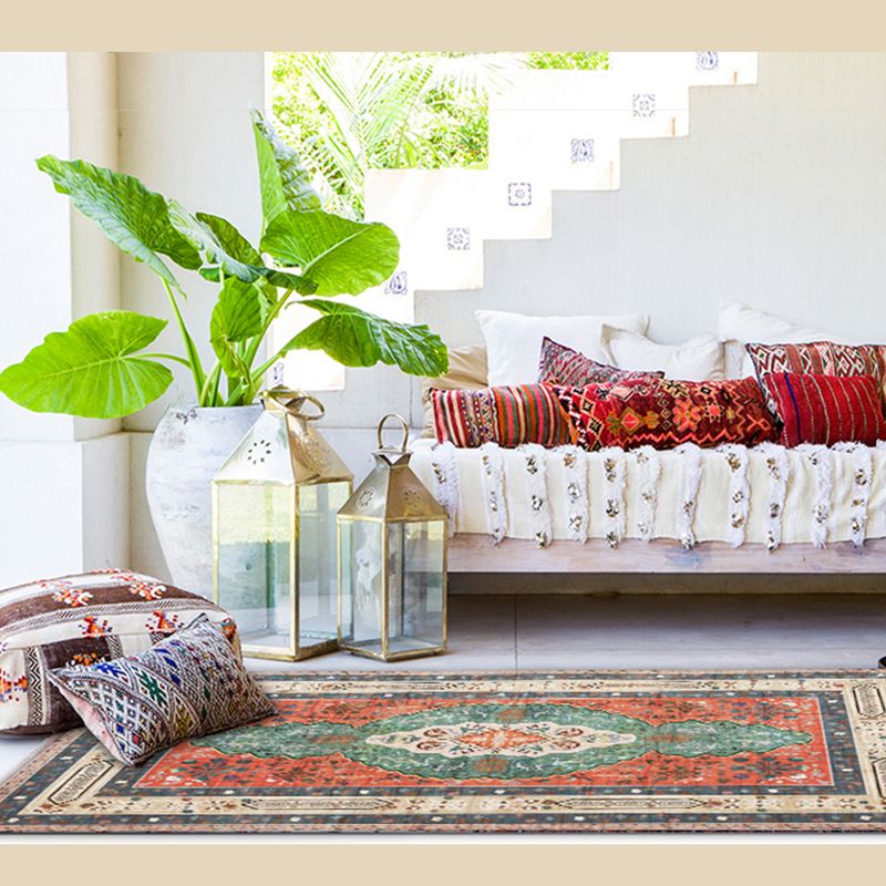 Red Tone Luxury Rug Polyester Ethnic Print Area Rug Anti-Slip Backing Carpet for Home Decoration