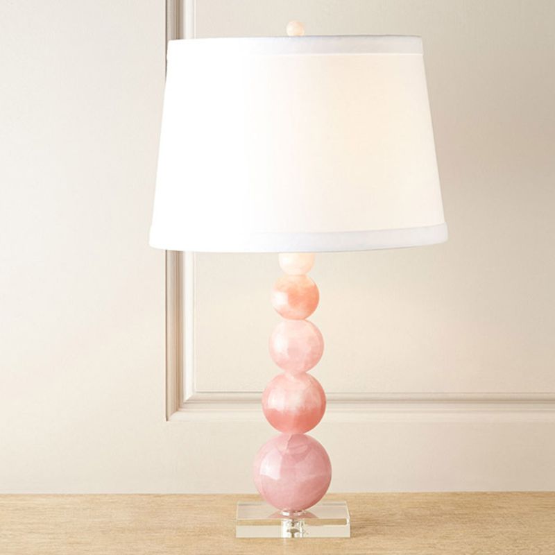 Barrel Shade Nightstand Lamp Modernist Fabric Single White Night Table Light with Orbs Pink Glass Stand