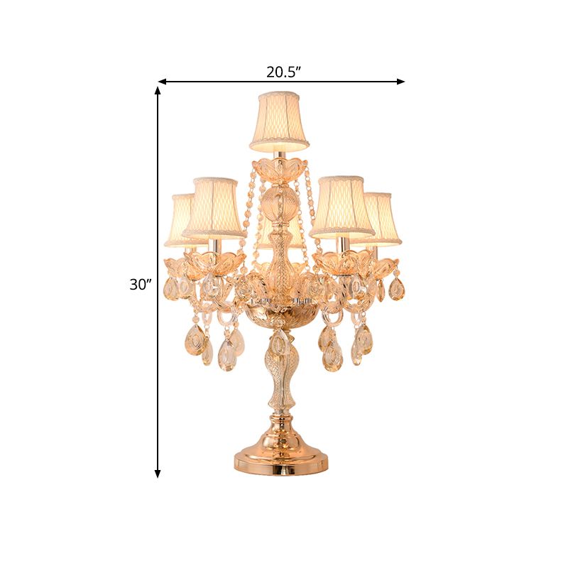 5/6 Heads Candelabra Table Light Traditional Gold Crystal Droplets Nightstand Lamp with/without White Bell Fabric Shade