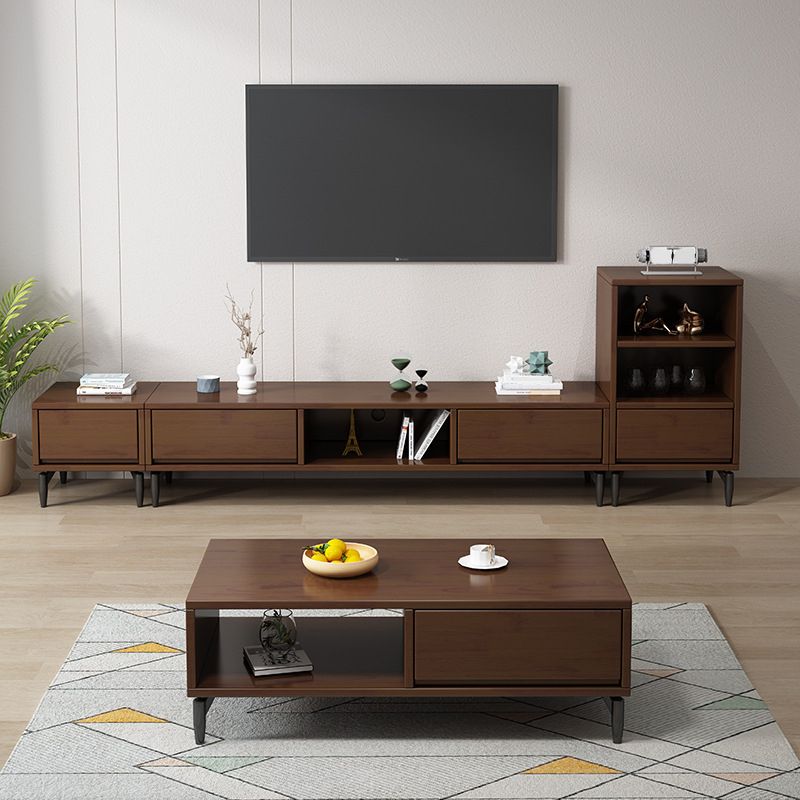 Modern Rubber Wood TV Stand Console Open Storage TV Media Stand with Legs for Living Room