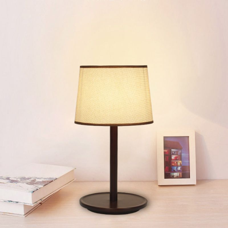 Tapered Shade Table Lamp Nordic Style Fabric 1-Light Beige/Dark Brown Nightstand Light with Wood Base