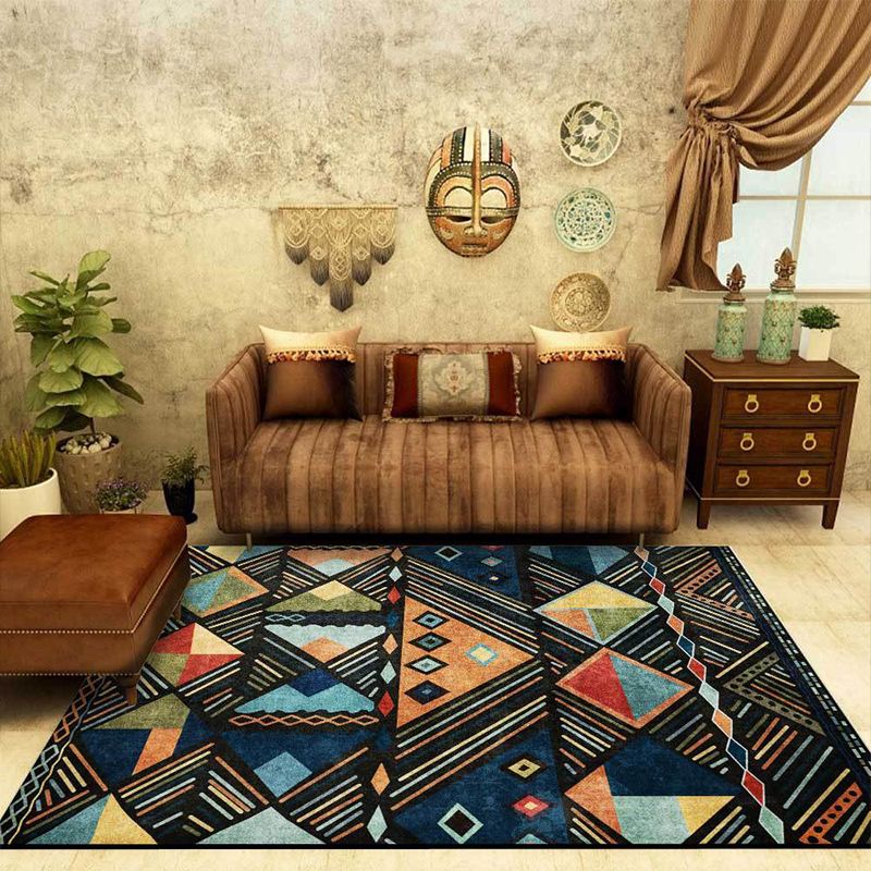 Blue Multicolor Tribal Rug Polyester Geometric and Striped Pattern Rug Washable Non-Slip Backing Carpet for Living Room