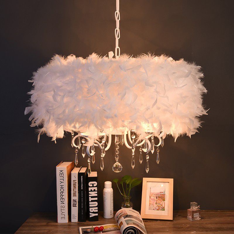 Feather Drum Shade Hanging Chandelier Modern 5 Lights Suspension Light in White for Living Room