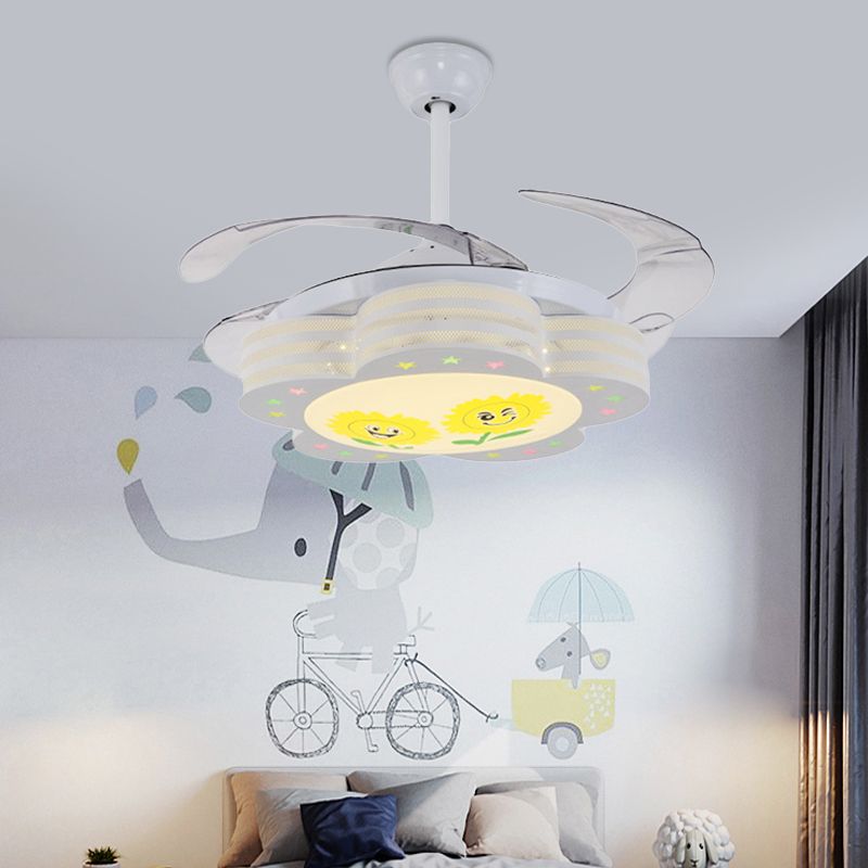 42" Wide LED Bedroom Semi Flushmount Nordic Kids Style White 3 Blades Pendant Fan Light with Floral Shape Metallic Shade