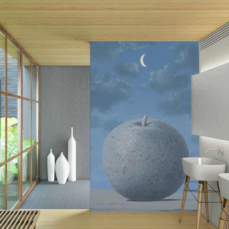 Customized Illustration Surreal Murals Wallpaper with Giant Apple Under Moon Night Sky Pattern in Grey-Blue