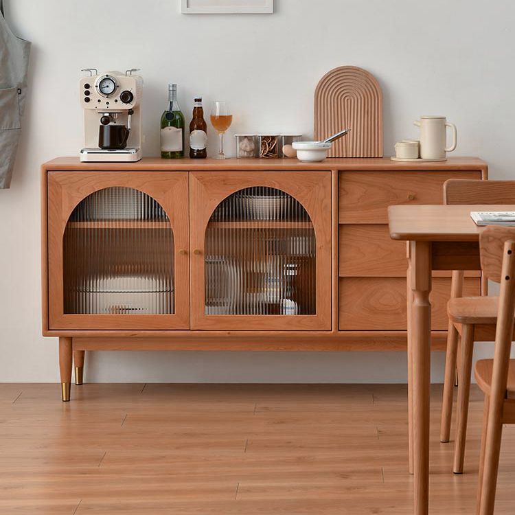 Modern Glass Doors Buffet Table Pine Sideboard Table with Drawers for Kitchen