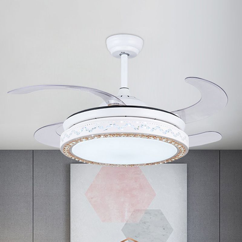 Acryl ronde hangende ventilatorlamp 42 "W LED LEDE ROOM SEMI SEMI VLOK MOUNT plafondlicht in wit met 4 messen, afgelegen/muurregeling/afstandsbediening en muurregeling