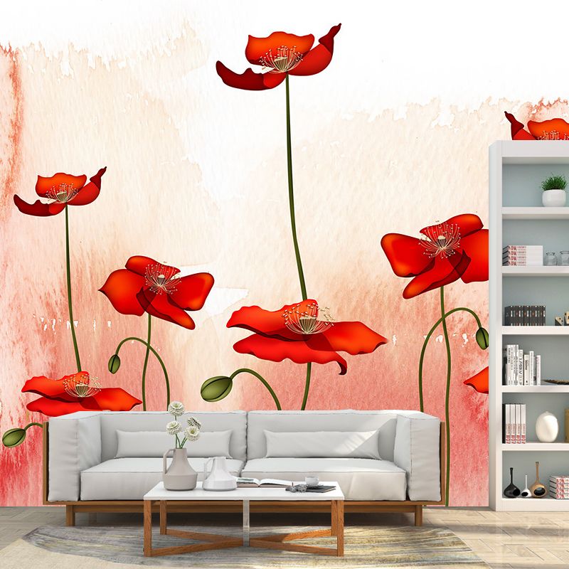 Pink-Red Blossoming Poppy Murals Flower Rustic Moisture Resistant Wall Covering for Bedroom