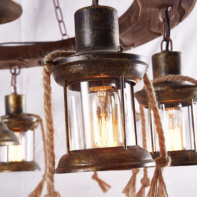 Wood Multi Light Chandelier Light Fixture Coastal Clear Glass Lantern Pendant Lamp with Chain