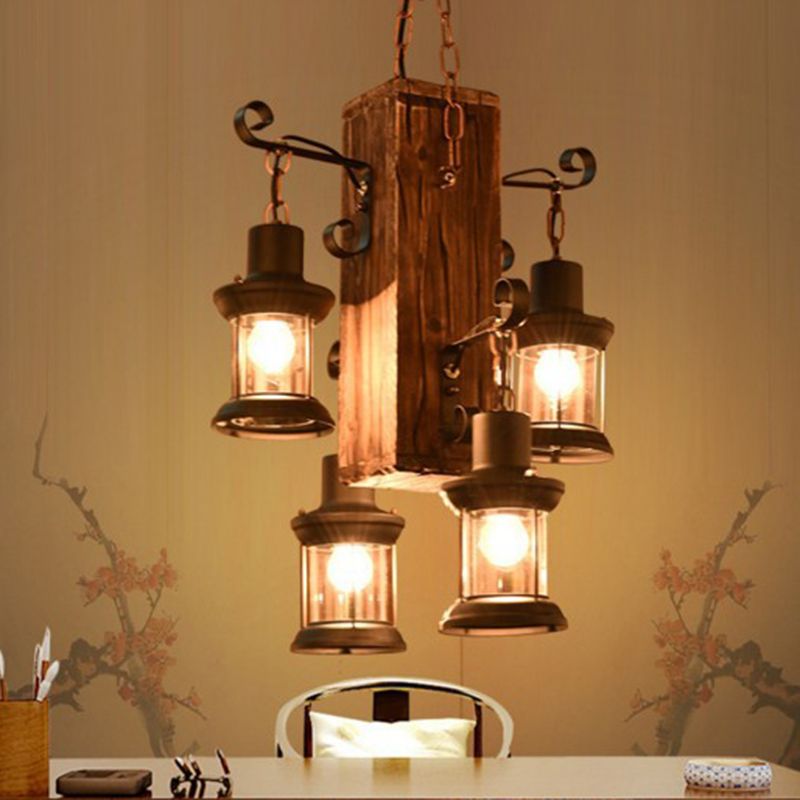 Wood 4 Heads Suspension Lighting Rustic Clear Glass Lantern Chandelier for Restaurant