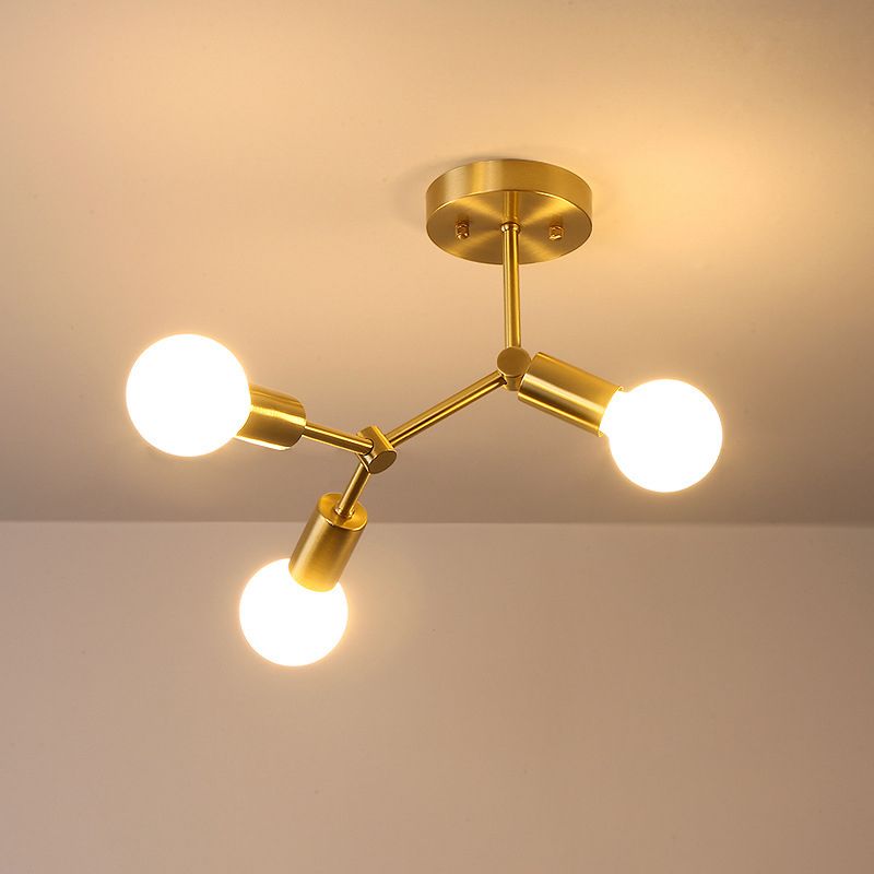 Metal Exposed Bulb Semi Flush Mount Light Loft Bedroom Ceiling Mount Light Fixture in Gold