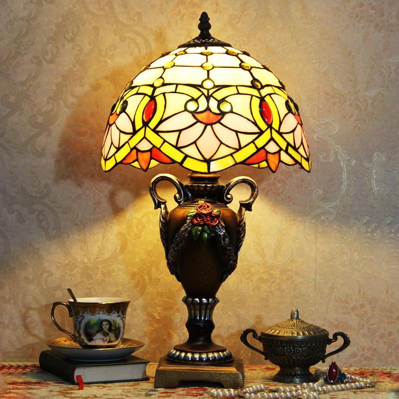 Yellow/Green Domed Desk Lighting Mediterranean 1 Light Hand Cut Glass Blossom Patterned Night Lamp with Trophy Base