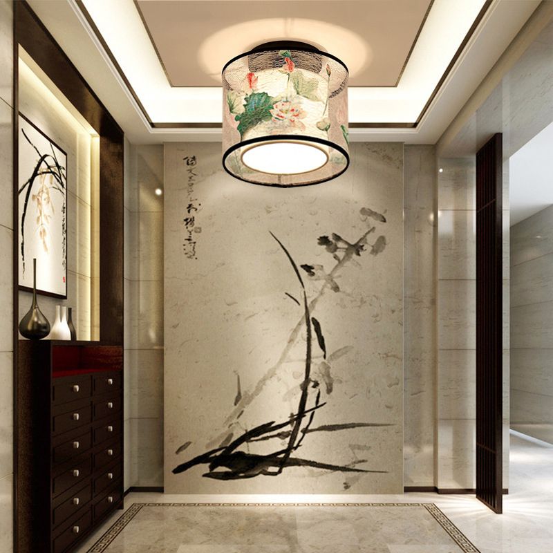 1-Light Geometric Ceiling Light in Traditional Artistic Style Fabrics Semi Flush Mount for Corridor